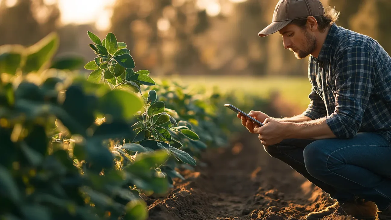 Agrónomo revisando un cultivo con el celular en el lote
