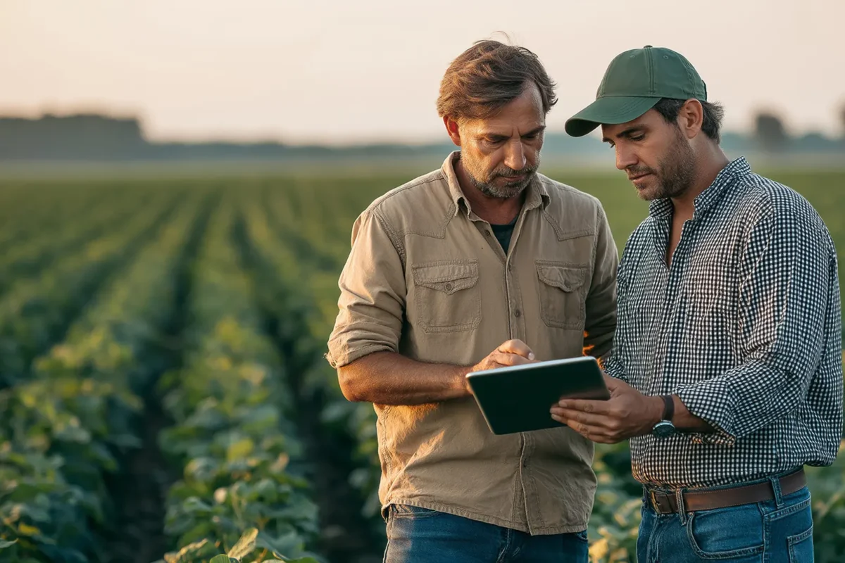 Dos asesores revisando datos en una tablet en un lote de soja
