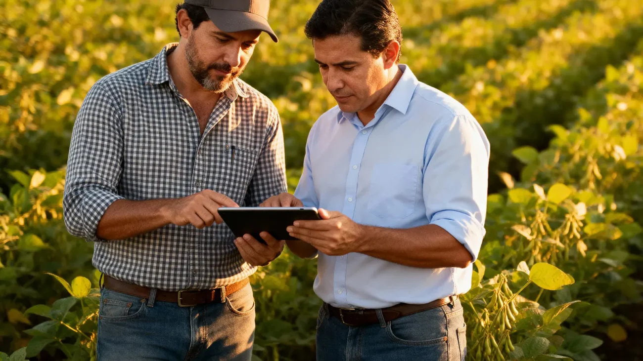 Asesor y productor consultando una tablet en un lote de soja