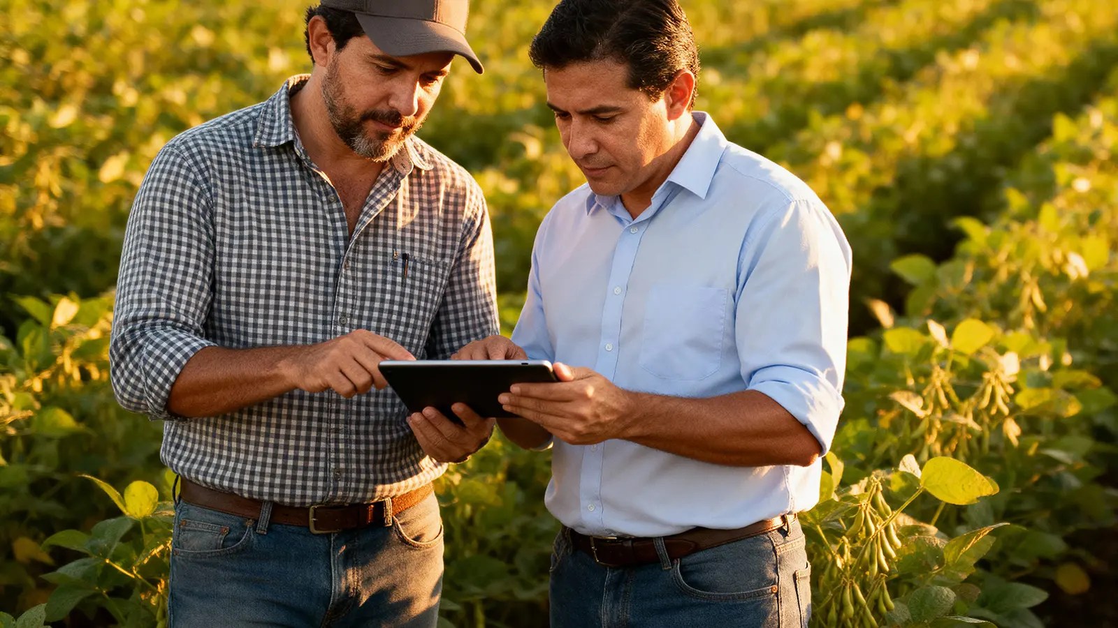 Asesor y productor consultando una tablet en un lote de soja