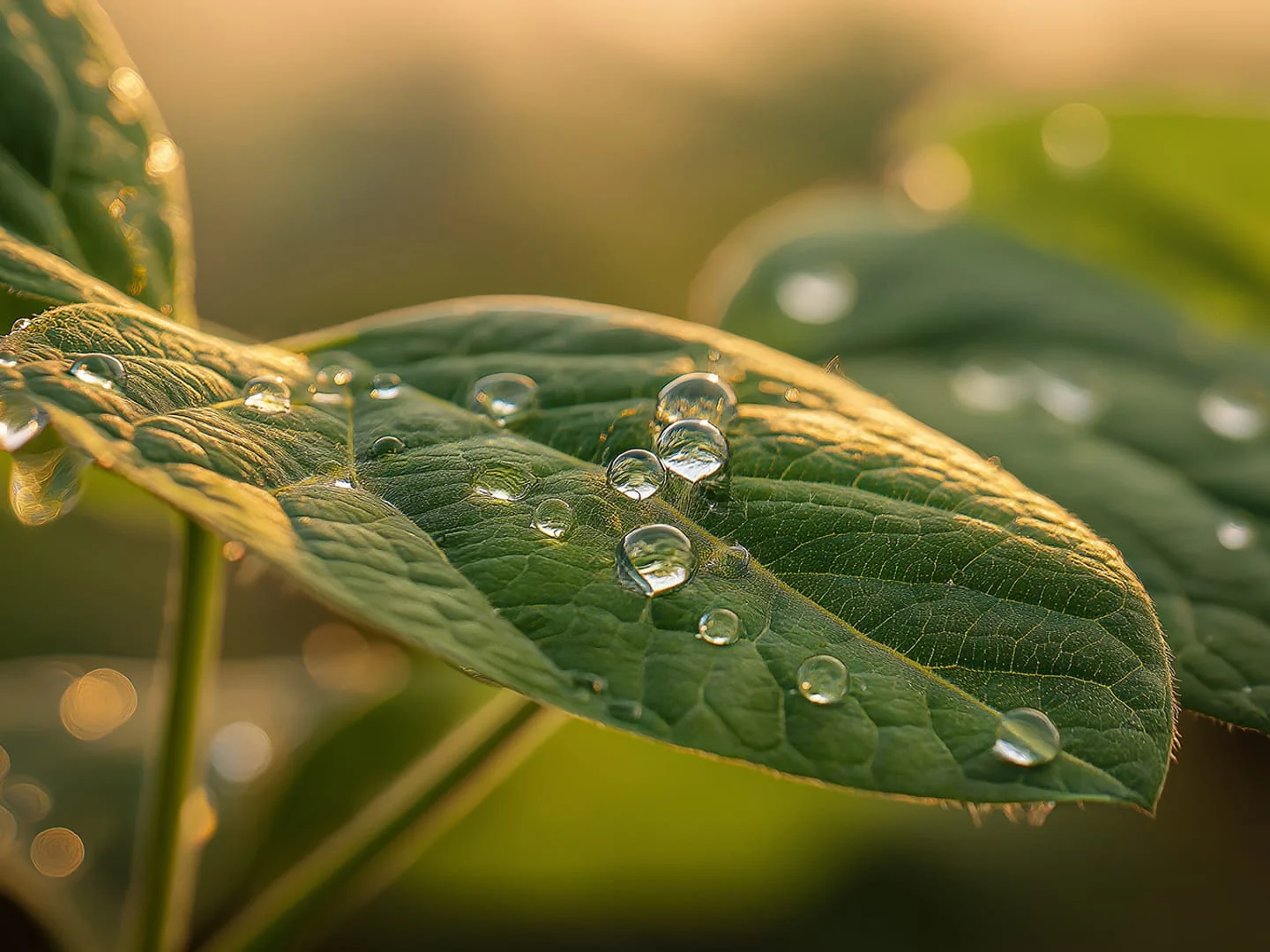 Gotas de agua sobre una hoja de soja al atardecer