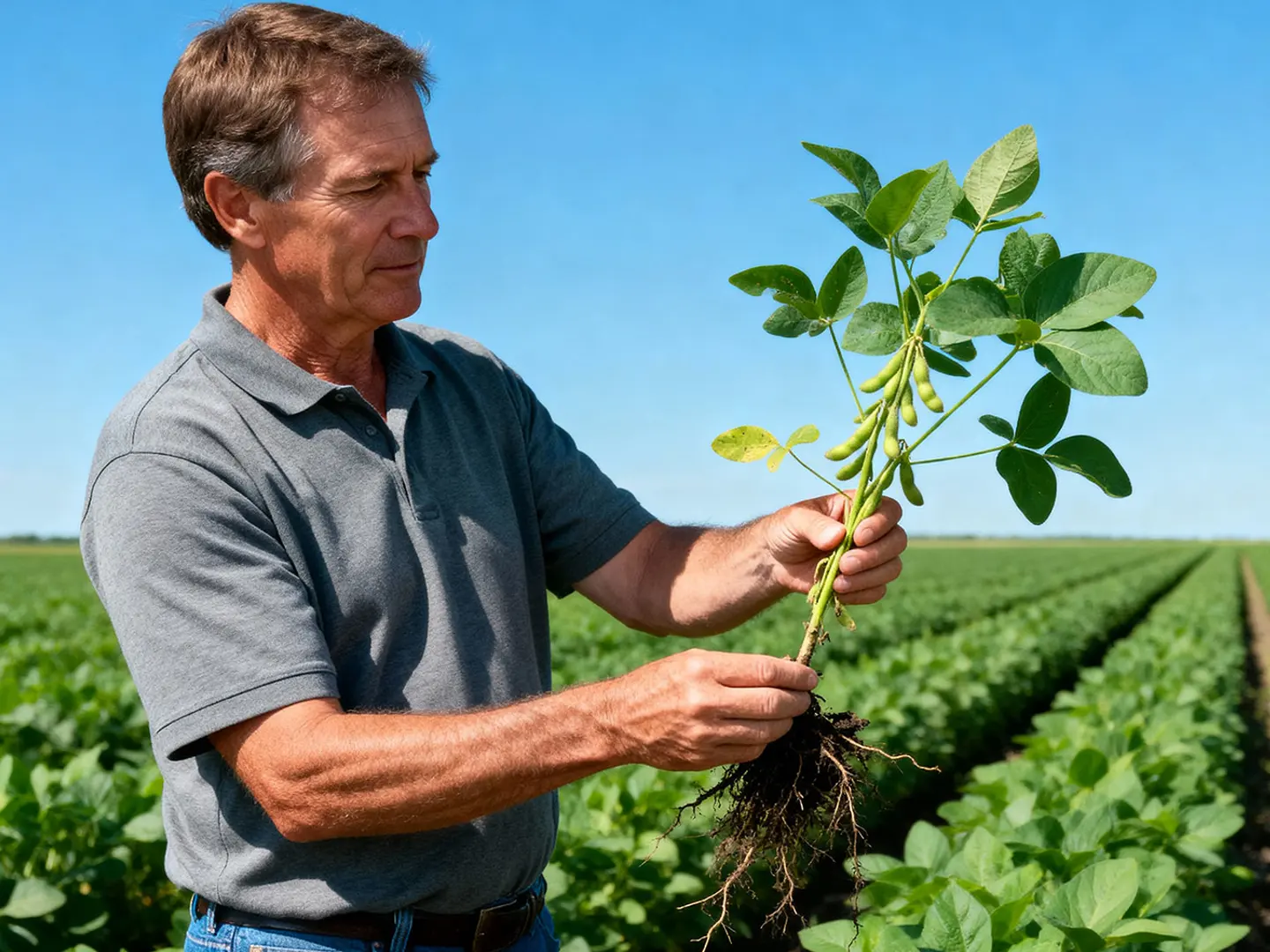 Productor revisando una planta de soja con sus raíces en el lote